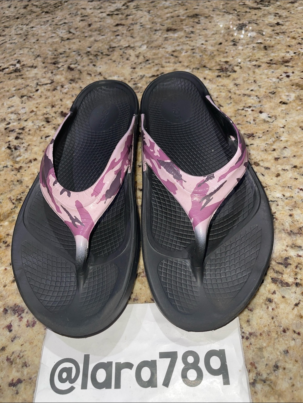 Oofos Pink Camo Strap Black Footbed Flip Flops